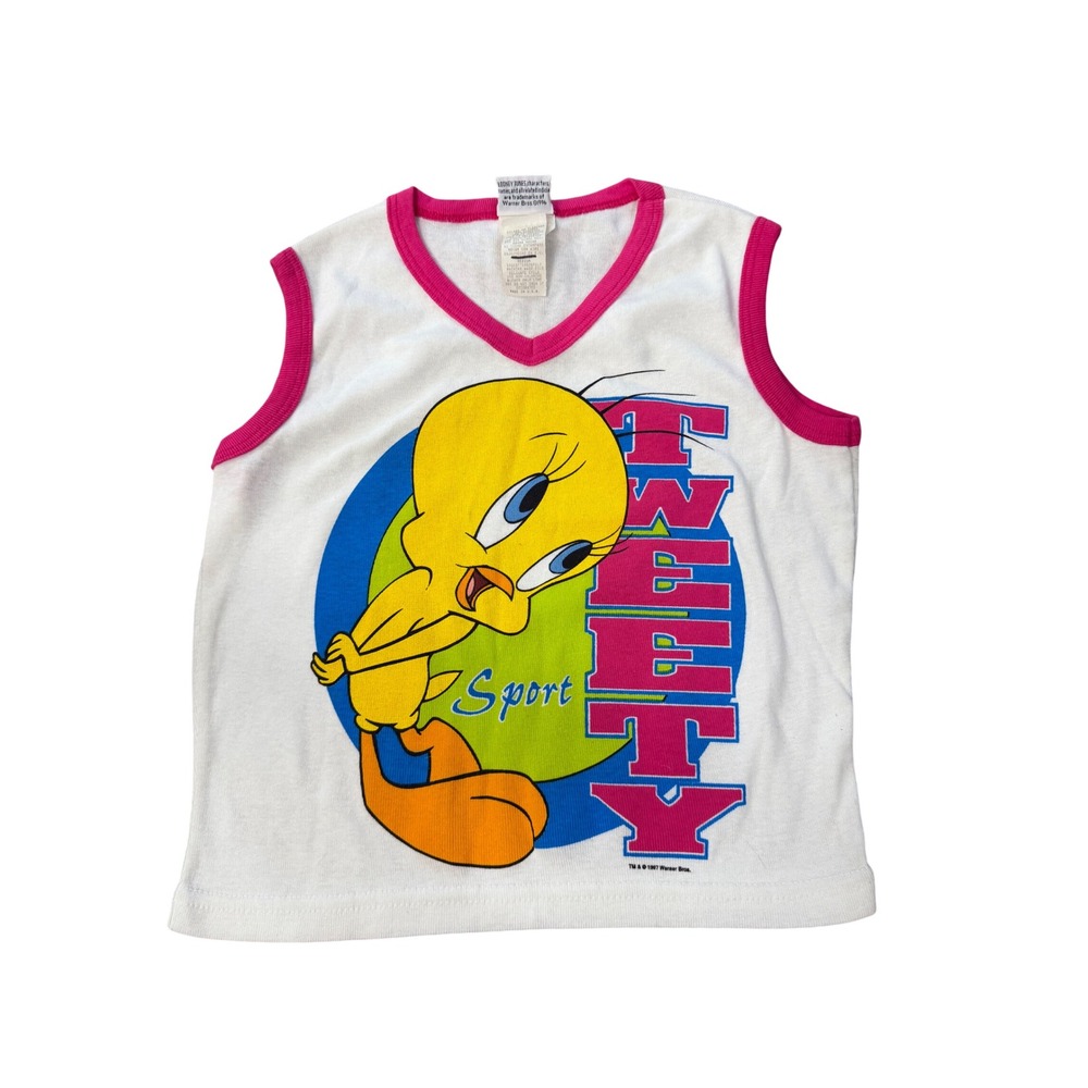 Vintage 1997‎ Tweety Bird Tank Top Women's Medium Y2K Looney Tunes Pink Trim